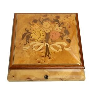 Vintage Reuge Swiss Music Box W/ Floral Design And Burl Maple Wood Made In Italy